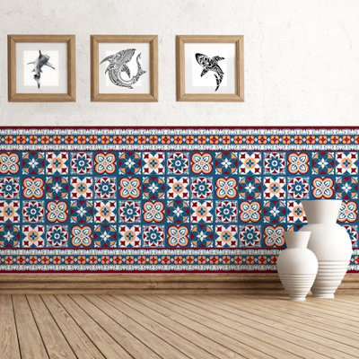 Walplus Red & Blue Talavera Peel and Stick Wall Tiles Stickers - 12Pcs 20x20cm Self Adhesive Stick on Tiles for Kitchen