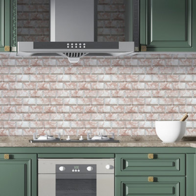 Walplus Rose Marble Subway Brick Peel and Stick 2D Wall Tiles Sticker - 48Pcs Self Adhesive Stick on Tiles for Kitchen 28.5x14