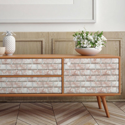 Walplus Rose Marble Subway Brick Peel and Stick 2D Wall Tiles Sticker - 60Pcs Self Adhesive Stick on Tiles for Kitchen 28.5x14