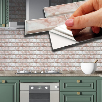 Walplus Rose Marble Subway Brick Tile Stickers 2D Multipack 24Pcs