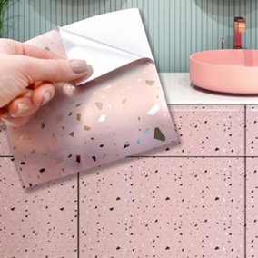 Walplus Rose Pink Metallic Silver Terrazzo Metallic Tile Stickers Multipack 72Pcs