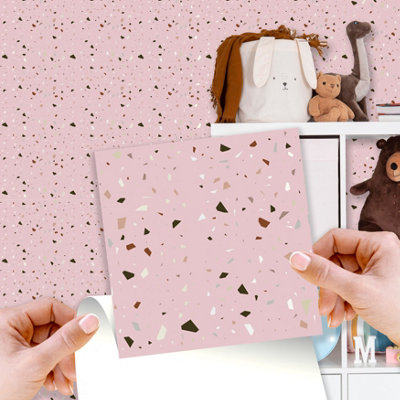 Walplus Rose Pink Metallic Silver Terrazzo Peel and Stick Wall 3D Tiles Stickers - 48Pcs Self Adhesive Stick on Tiles for Kitchen