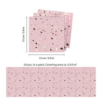 Walplus Rose Pink Metallic Silver Terrazzo Wall Metallic Tile Sticker Set 24Pcs