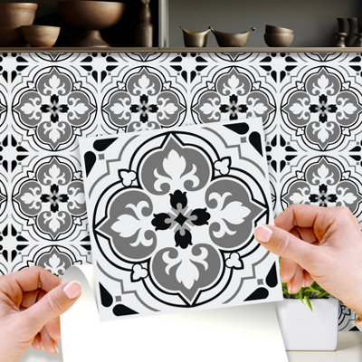 Walplus Seamless Antique Floral Peel and Stick Wall Tiles Sticker - 24Pcs Self Adhesive Stick on Tiles for Kitchen