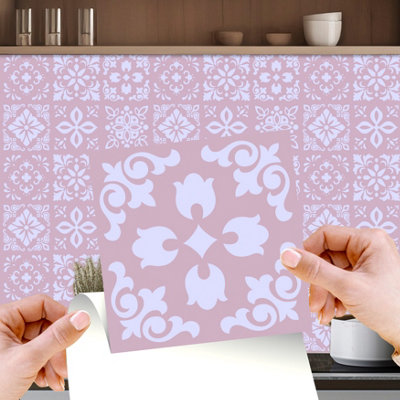 Walplus Sevilla Ligh Pink Spanish Peel and Stick Wall Tiles Stickers - 24Pcs 15x15cm Self Adhesive Stick on Tiles for Kitchen