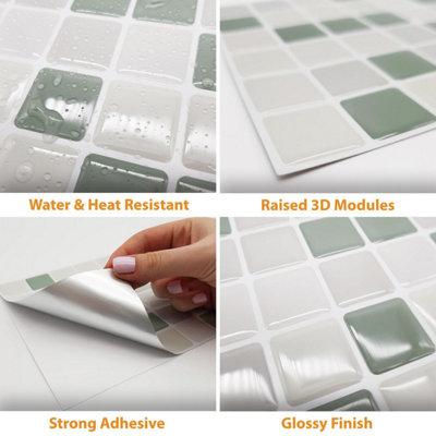 Walplus Shades of Green Mosaic 3D Tile Stickers Multipack 60pcs