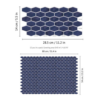 Walplus Shimmering Blue Honeycomb Hexa Wall 2D Tile Stickers 12Pcs