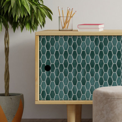 Walplus Shimmering Green Honeycomb Peel and Stick Wall Tiles Stickers - 48Pcs Self Adhesive Stick on Tiles for Kitchen 28.5x14 cm