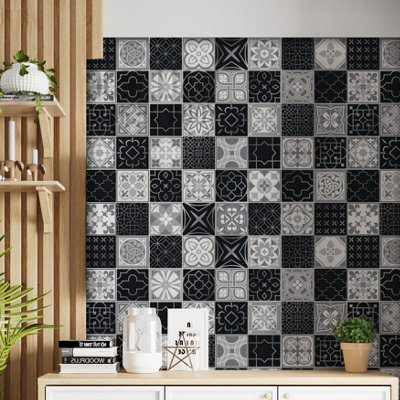 Walplus Silver Black Limestone Mix Peel and Stick Wall Tiles Stickers - 48Pcs Self Adhesive Stick on Tiles for Kitchen 15x15cm