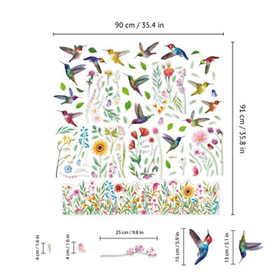Walplus Small Hummingbirds with Watercolour Wildflower Meadow Window Clings Rooms Décor