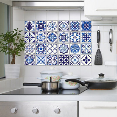 Walplus Spanish and Moroccan Blue Peel and Stick Wall Tiles Stickers - 24Pcs Self Adhesive Stick on Tiles for Kitchen - 10x10cm