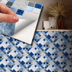 Walplus Stone Selection Blue And Grey Mosaic Wall Metallic Tile Sticker Set Multipack 120Pcs