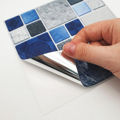 Walplus Stone Selection Blue And Grey Mosaic Wall Metallic Tile Sticker Set Multipack 96Pcs