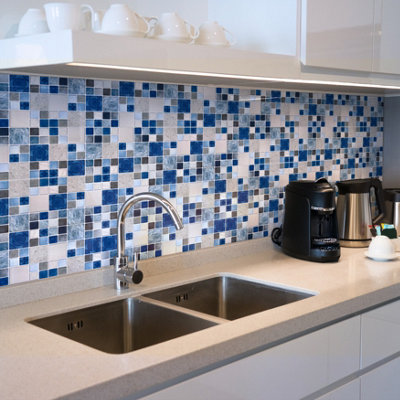 Walplus Stone Selection Blue And Grey Peel and Stick Wall Tiles Sticker 96Pcs Self Adhesive Stick on Tiles for Kitchen 15x15cm