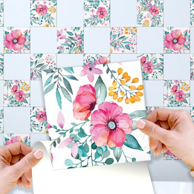 Walplus Sweet Spring Bouquet Peel and Stick Wall Tiles Sticker - 24Pcs 15x15cm Self Adhesive Stick on Tiles