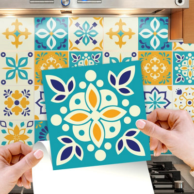 Walplus Temara Yellow and Blue Moroccan Peel and Stick Wall Tiles Sticker - 24Pcs Self Adhesive Stick on Tiles for Kitchen 15x15cm