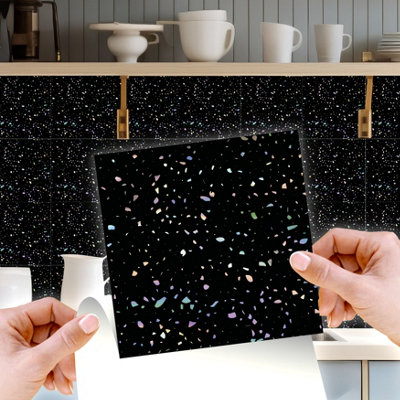 Walplus Terrazzo Holographic Glitter Black Peel and Stick Wall Tiles Stickers - 48Pcs 15x15cm Adhesive Stick on Tiles for Kitchen