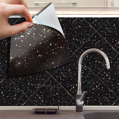 Walplus Terrazzo Holographic Glitter Black Tile Stickers Metallic Multipack 48Pcs