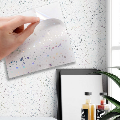 Walplus Terrazzo Holographic Glitter White Peel and Stick Wall Tiles - 24Pcs Self Adhesive Stick on Tile Sticker for Kitchen