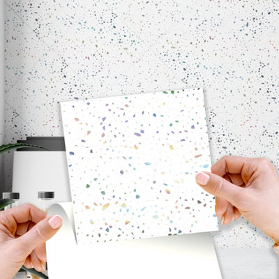 Walplus Terrazzo Holographic Glitter White Peel and Stick Wall Tiles Sticker - 120Pcs Self Adhesive Stick on Tiles for Kitchen
