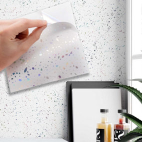 Walplus Terrazzo Holographic Glitter White Tile Stickers Metallic Multipack 120Pcs