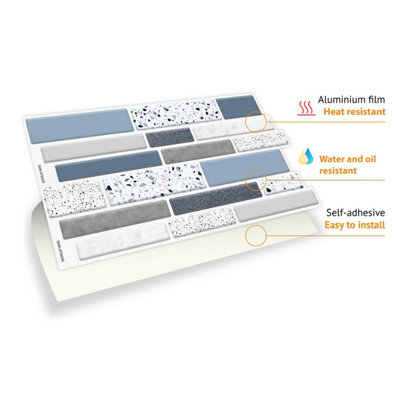 Walplus Terrazzo Silver Touch 2D Peel and Stick Wall Tiles Sticker Adhesive Stick on Tiles for Backsplash 24Pcs 28.5x14 cm