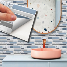 Walplus Terrazzo Silver Touch Blue And Grey Mosaic Wall 2D Tile Stickers 11.2 x 5.5 inches / 28.5 x 14 cm 12 Pcs