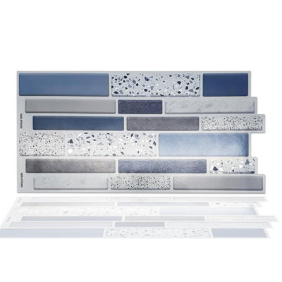 Walplus Terrazzo Silver Touch Blue And Grey Mosaic Wall 2D Tile Stickers Multipack 60Pcs