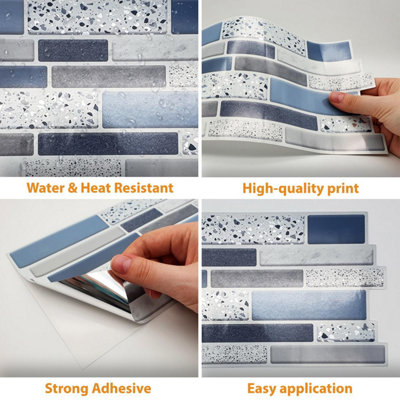 Walplus Terrazzo Silver Touch Blue And Grey Mosaic Wall 2D Tile Stickers Multipack 60Pcs