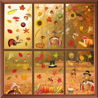 Walplus Thanksgiving Turkey Window Clings - Double-Sided Fall Window Stickers for Glass, 3 Sheets, 89 Clings PVC