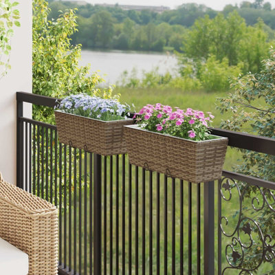 WALPLUS Trapezoidal Metal Balcony Railing Planter with Hooks Rattan Effect