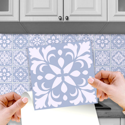 Walplus Triana Blue Cement Spanish Peel and Stick Wall Tiles Stickers - 24 Pieces 15x15cm Self Adhesive Stick on Tiles for Kitchen