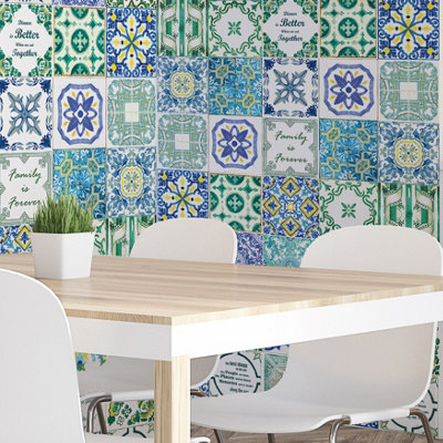 Walplus Turquoise English Combo Peel and Stick Wall 2D Tiles Stickers - 48Pcs Self Adhesive Stick on Tiles for Kitchen