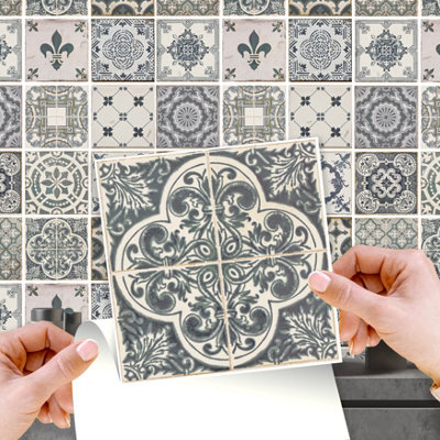 Walplus Vintage Blue Peel and Stick Wall Tiles Sticker - 24Pcs 15x15cm Self Adhesive Stick on Tiles for Kitchen