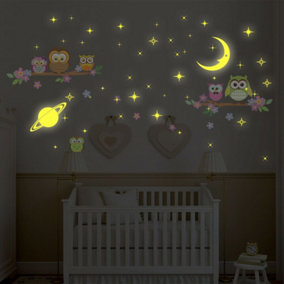 Walplus Wall Sticker Decal Glow in Dark Moon and Stars with Owl Tree DIY Bedroom Glow in Dark Stickers Stock Clearance