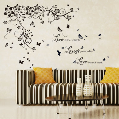 Walplus Wall Sticker Decal New Huge Butterfly Vine with Live Laugh Love