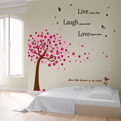 Walplus Wall Sticker Huge Pink Tree with Classic Live Laugh Love Quote Room Home Decorations Decal Wall Art