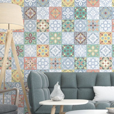 Walplus Warm Bay Mediterrranean Peel and Stick Wall Tiles Sticker - 48Pcs Self Adhesive Stick on Tiles for Kitchen 15x15cm