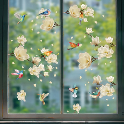 Walplus White Magnolia Flowers with Birds Spring Window Clings - Double-Sided Window Stickers for Glass -87Pcs