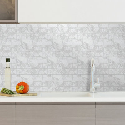Walplus White Marble Metro Flat Peel and Stick 2D Wall Tiles Sticker - 36Pcs Self Adhesive Stick on Tiles for Kitchen 28.5x14