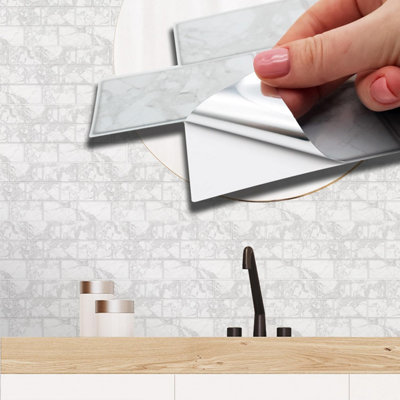 Walplus White Marble Metro Flat Peel and Stick 2D Wall Tiles Sticker - 60Pcs Self Adhesive Stick on Tiles for Kitchen 28.5x14
