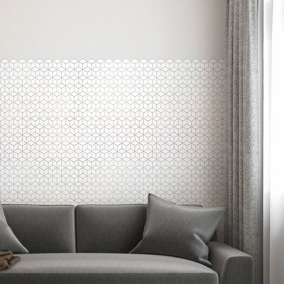 Walplus White Silver Hexacube Peel and Stick Wall Tiles Stickers - 36Pcs Self Adhesive Stick on Tiles for Kitchen 28.5x14 cm