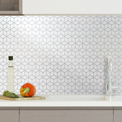 Walplus White Silver Hexacube Peel and Stick Wall Tiles Stickers - 48Pcs Self Adhesive Stick on Tiles for Kitchen 28.5x14cm