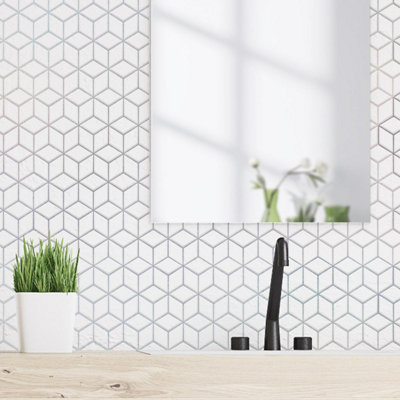 Walplus White Silver Hexacube Peel and Stick Wall Tiles Stickers ...