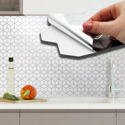 Walplus White Silver Hexacube Peel and Stick Wall Tiles Stickers - 60Pcs Self Adhesive Stick on Tiles for Kitchen 28.5x14 cm