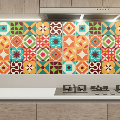 Walplus Ziggy Colourful Retro Glossy Peel and Stick Wall Tiles Sticker - 24Pcs Adhesive Stick on Tiles for Kitchen 15x15cm