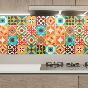 Walplus Ziggy Colourful Retro Glossy Peel and Stick Wall Tiles Sticker - 24Pcs Adhesive Stick on Tiles for Kitchen 15x15cm