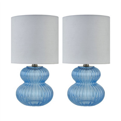 Walter - Set of 2 Blue Ribbed Glass 29cm Table Lamps with White Shade