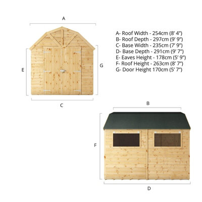 Waltons 10 x 8 Garden Workshop Shed Barn Double Door Tongue and Groove Toolshed