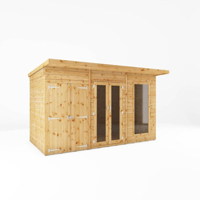 Waltons 12 x 6 Wooden Summerhouse with Side Shed Double Doors Tongue and Groove Pent Garden Room